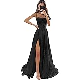 XONHS Women's Spaghetti Straps Glitter Tulle Prom Dress with Slit Cowl Neck A-line Long Formal Evening Party Gown