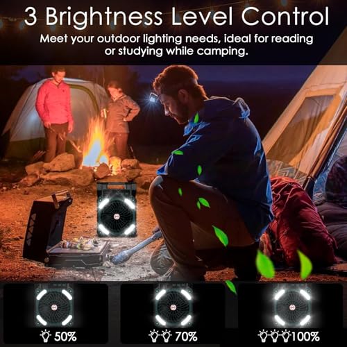 Sendowtek Solar Fan for Camping 10400mAh, Portable Powerful and Quiet 4 Speeds with LED Light and Timer, Rechargeable Battery Fan for Outdoor Tent Camper Travel Table
