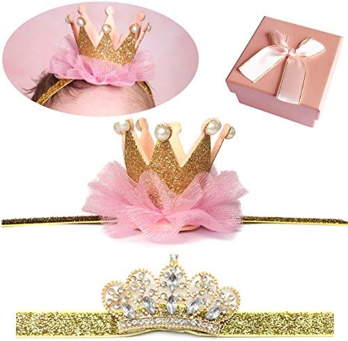 Elesa Miracle Baby Hair Accessories Baby Girl's Gift Box Shiny Tiara Crown Headband Set (Gold-2pc)