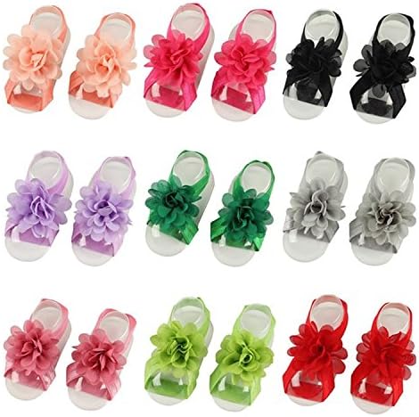 L-Anan Baby Girl's Barefoot Sandals Shoes Foot Flowers (9 Set chiffon Flowers)