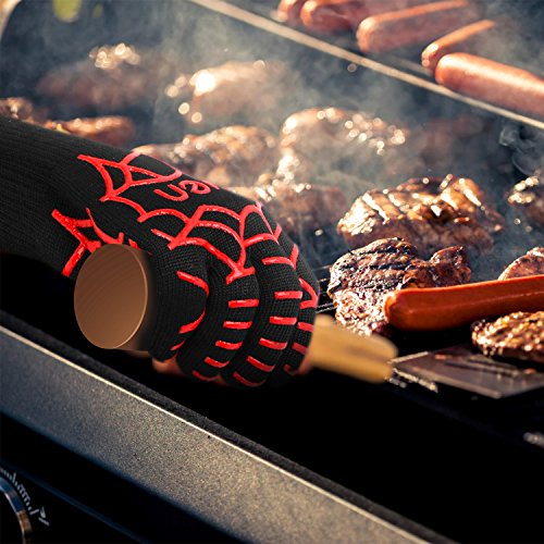 Gven BBQ Gloves, Extreme Heat Resistant Cooking Kitchen Mitts Non-Slip Grilling Gloves BBQ Fireplace Accessories with Cool Spider Design