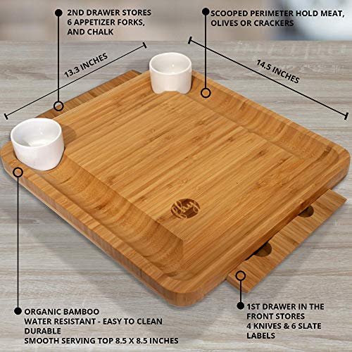 Bamboo Cheese Board and Knife Set - Wooden Charcuterie Platter & Serving Tray for Meat & Cheese with 2 Slide-Out Drawers, 6 Appetizer Forks, 6 Slate Labels, 4 Stainless Steel Knives & Bowls - (20 Pc)