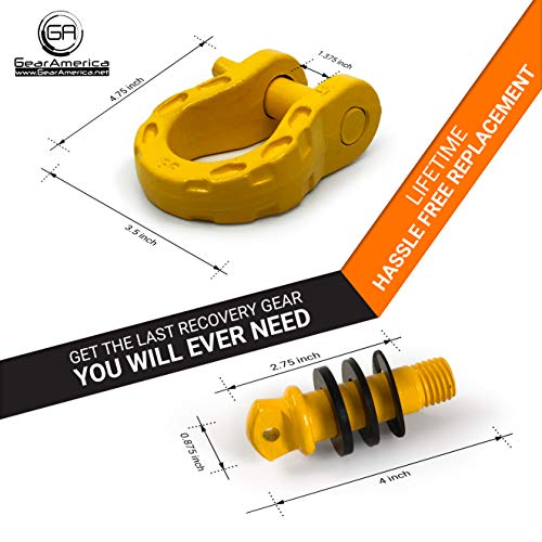 GearAmerica Mega Duty D Ring Shackles Yellow (2 PK) | 68000 lbs (34 US Ton) Strength | 3/4" Shackle + 7/8 Pin + Washers| Securely Connect Tow Strap or Winch Rope to Jeep for Off-Road 4x4 Recovery - Thumbnail 5