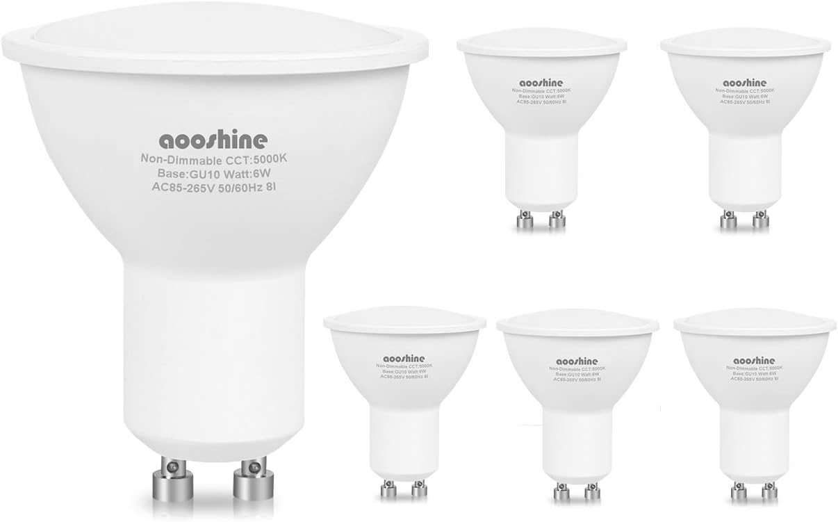 GU10 LED Bulbs Cool White, Aooshine GU10 Bulbs, LED 6W Replacement 50W Halogen, 5000K, 500lm,120°, Recessed Lighting, Spotlight Bulbs, GU10 Lights, Non-Dimmable-Pack of 6