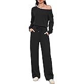 Casly Lamiit Women's Jumpsuits Dressy Casual Off Shoulder Long Sleeve Wide Leg Pants Romper One Piece Outfits with Pockets