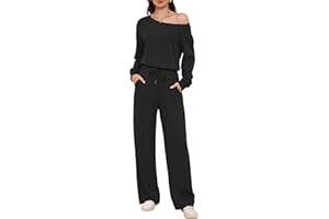 Casly Lamiit Women's Jumpsuits Dressy Casual Off Shoulder Long Sleeve Wide Leg Pants Romper One Piece Outfits with Pockets