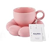 Koythin Ceramic Coffee Mug with Saucer Set, Creative Cute Cup with Sunflower Coaster for Office and Home, 6.5 oz/200 ml for Tea Latte Milk, Suitable for Mom on Mother's Day (Peach Pink)