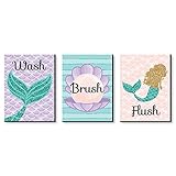 Big Dot of Happiness Let's Be Mermaids - Kids Bathroom Rules Wall Art - 7.5 x 10 inches - Set of 3 Signs - Wash, Brush, Flush