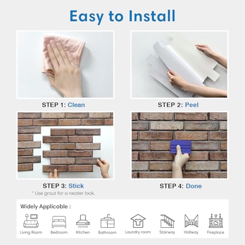 COMSTICKC 3D Bricks Wall Stickers, 10 Pieces, 30 x 40 cm, High Quality PVC Wall Stickers Panels for 3D Stone, Decorative Panels for Living Room, Bathroom, Kitchen