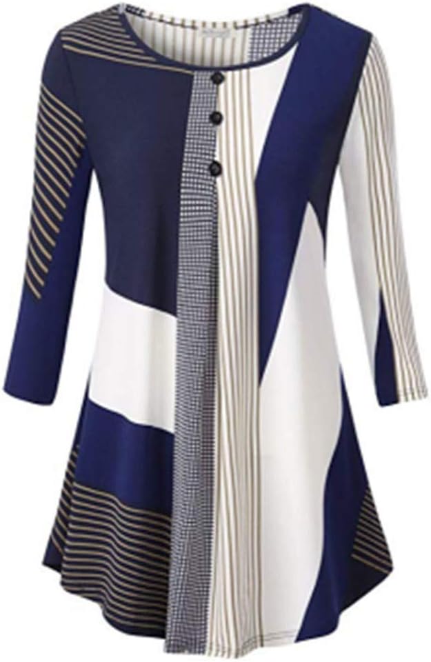 Hmlai Women Autumn Fashion O-Neck Flare 3/4 Flare Sleeve Slim Fit Blouse Shirt Tee Floral Print Swing Tunic Tops