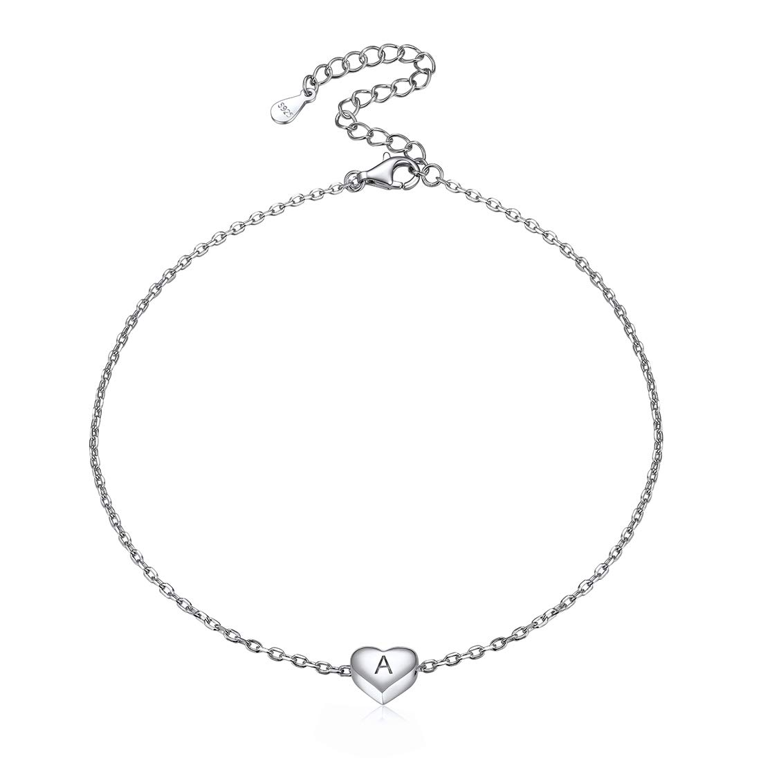 ChicSilver 925 Sterling Silver Initial Heart Anklet Summer Beach Jewelry Charm Foot Ankle Bracelet Adjustable