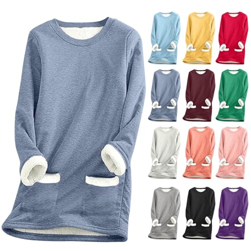 Angxiwan fleece tops for women Fleece Jumpers for Women With Pocket Warm Lined Sweatshirt Warm Cosy Thick Tunictops Plus Size Long Sleeve Winter Jumper Soft Plush borg jacket womens A Blue