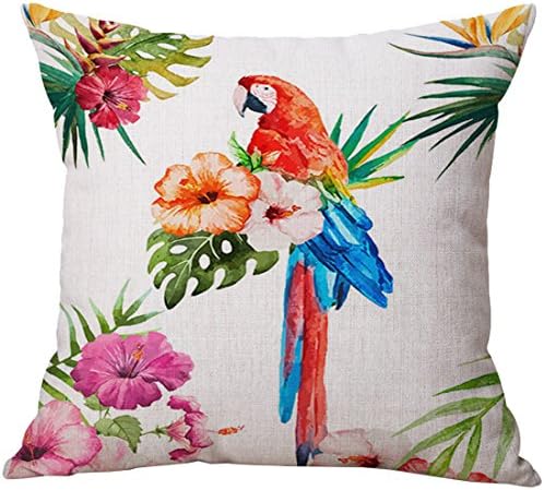 Pidada Throw Pillow Cases Tropical Plants Square Cotton &amp; Linen Cushion Pillow Covers for Sofa Home Decor, 18 X 18 Inches (Bird Green)