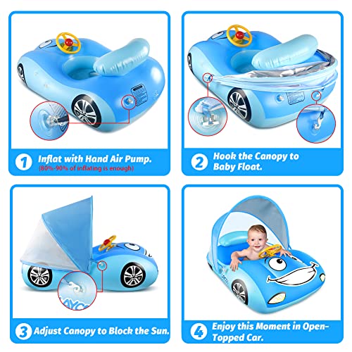 LAYCOL Baby Pool Float with UPF50+ Adjustable Canopy，Car Shaped Baby Swimming Float，Infant Baby