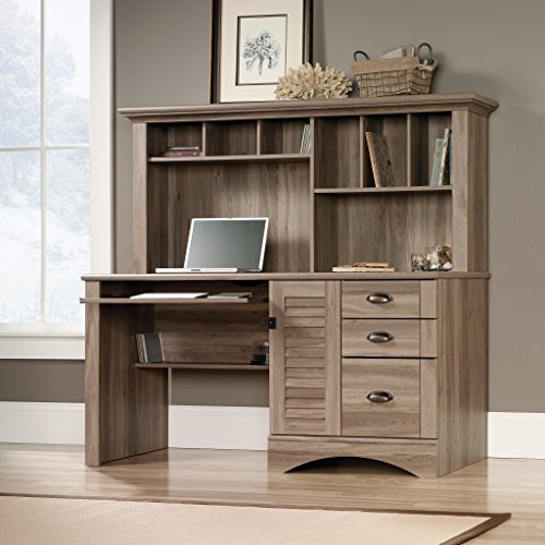Sauder Harbor View Computer Desk with Hutch, Salt Oak finish - Image 2