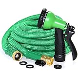 50 Ft Kink Free TRIPLE Latex Core - Green Expanding Garden Hose - Ultra Durable Inner Tube, Commercial Grade Brass Connectors, Lightweight, 3 Spare Washers And BONUS 8 Setting Spray Nozzle Included!
