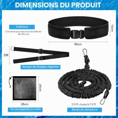 Vexyra Swimming Pool Elastic 2.5-7.5 m Swimming Belt for Adults and Children, Natural Latex Swimming Pool Elastic with Wide Padded Belt, Swimming Aid Black