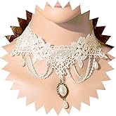 Aneneiceera Vintage Lace Choker Necklace White Gothic Pattern Necklaces Punk Long Tassel Pearl Beaded Pendant Necklaces Princess Bridal Lolita Tassel Lace Necklace Jewelry for Women