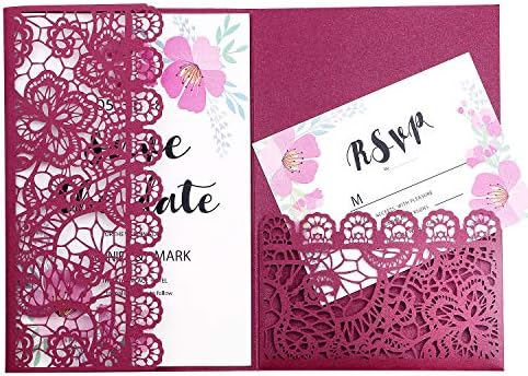 FEIYI 20pcs 3 Folds Laser Cut Lace Flower Pattern Invitations Cards for Birthday Baby Shower Wedding Rehearsal Dinner Invites Birthday Invites (Burgundy)