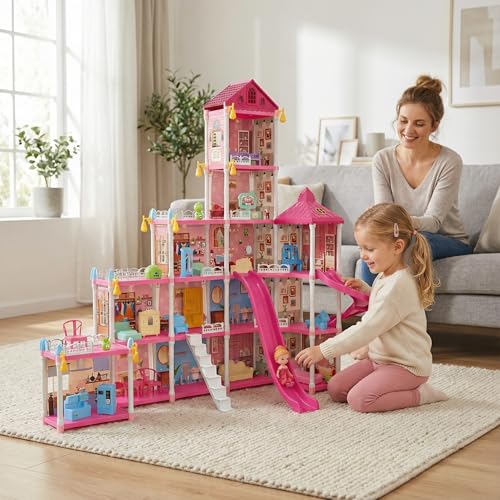 Casa de Boneca Gigante 1m x 1m URBANIUS com Piscina, Escorregador, Área de Pets e Quartos Mobiliados – 314 Peças Educativas para Crianças a Partir de 3 Anos