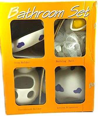 Vegarr Cow Set of four Bathroom Accessary Set for Kids (Soap Holder, Bathroom Ball, Toothbrush Holder, Lotion Dispenser)