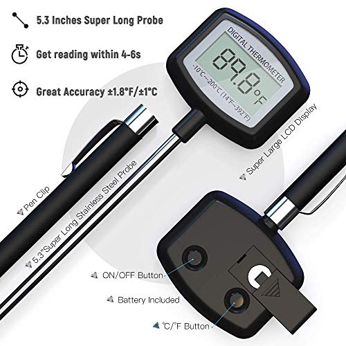 Meat Thermometer - Large LCD Super Long Probe 5.3 Inches Digital Cooking Thermometer with Instant Read and Clip for Kitchen BBQ Grilling Smoker Meat Liquids Candy and Food