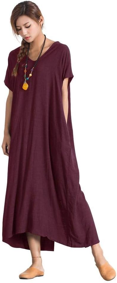 Sellse Women's Linen Loose Summer Large Size Long Dress Plus Size Cotton Clothing