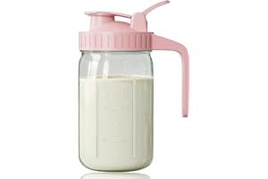 Breast Milk Pitcher, Mason Jar 32 oz, Heavy Duty Wide Mouth Jar with Pink Flip Cap Lid and Pour Spout, Airtight Seal for Fres