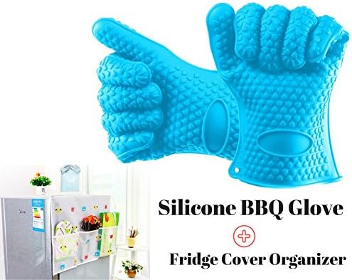 Premium Silicone Cooking Gloves Heat Resistance BBQ Oven Mitts Grilling Glove For Baking Smoking Barbeque Grill Meat With Heat Proof Hot Handling Plus Kitchen Fridge Cover Organizer With Pockets