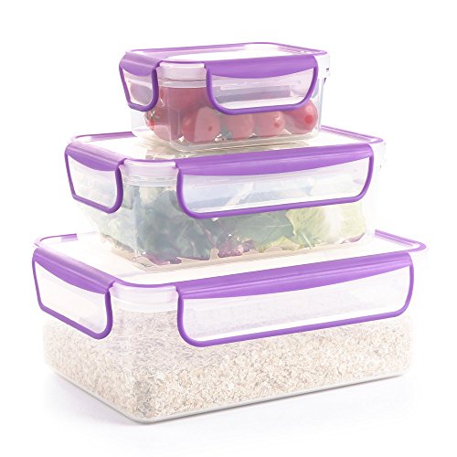 COZZINE Food Storage Containers, Airtight Leak Proof Lock Durable Plastic Microwaveable Bento Box Dishwasher and Freezer Food-Safe, BPA Free (Purple, 3-Piece)
