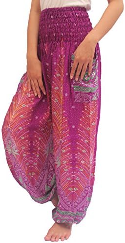 ChiangmaiThaiShop Harem Pants Plus Size For Men &amp; Women Rayon Print Smocked Waist Boho Yoga Harem Pants (Medium, P-Purple)