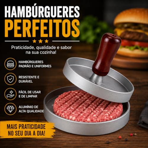 Molde para Hambúrguer em Aço Inoxidável com Cabo de Madeira – Prensa para Carne Gourmet Artesanal