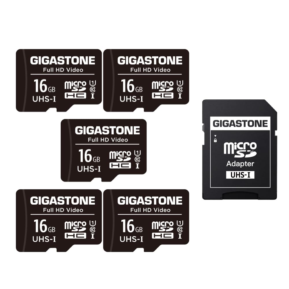 GIGASTONE Micro SD Card 16GB 5-Pack with 1x SD Adapter + 2x Mini-case, FHD Video, Surveillance Security Cam Action Camera Drone, 85MB/s Micro SDXC UHS-I U1 Class 10