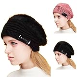Oenbopo Women's Winter Warm Rabbit Fur Beret Hat Bluetooth Smart Music Hat Cap Wireless Handsfree Headphone Speaker for Cellphone Tablet