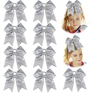 DEEKA 9PCS 7″ Large Glitter Cheer Hair Bows Ponytail Holder Handmade for Teen Girls Softball Cheerleader Sports – Silver