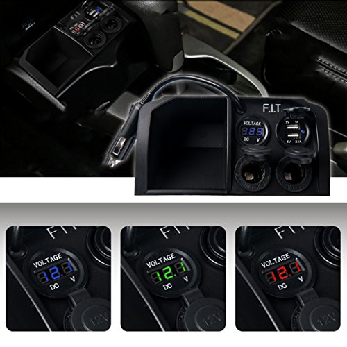 Qisuw Waterproof Dual USB Port Car Motorcycle 2 Way Cigarette Lighter Socket Charger LED Digital Display Voltmeter 12V