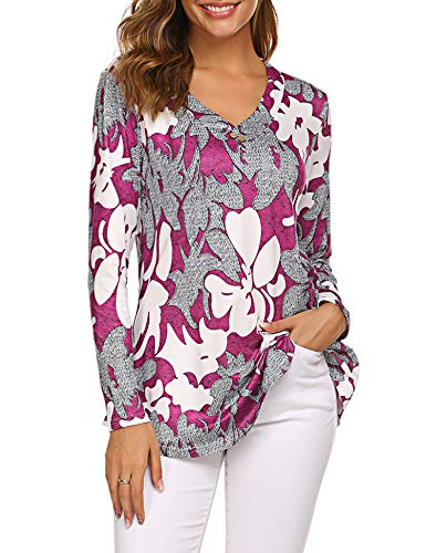 Sweetnight Women Long Sleeve Shirts Casaul V Neck Peasant Tops Blouses Fuchsia M