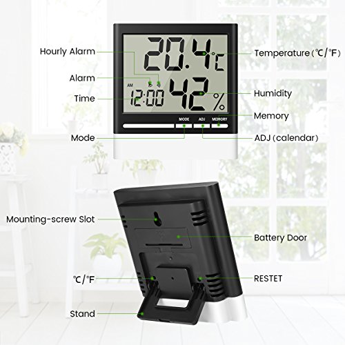 Temperature Hygrometer, EIVOTOR Indoor Thermometers Humidity Monitor with LCD Display, Home Digital Dual Wall Alarm Clock with Day, Date - Battery Included - Thumbnail 6