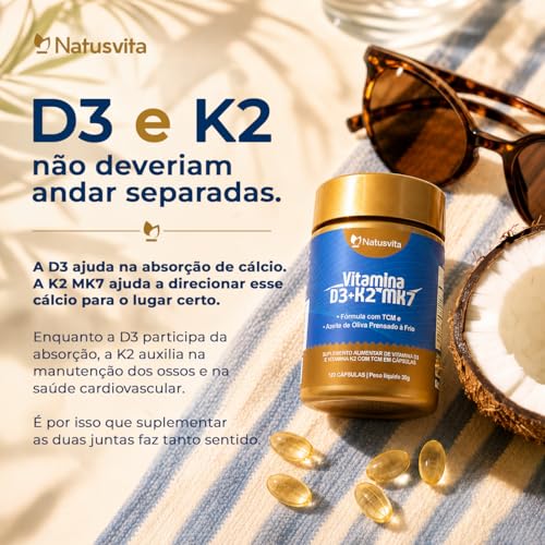 Vitamina D3 2.000 UI + K2 MK7 com TCM e Óleo de Oliva Prensado a Frio em Cápsulas
