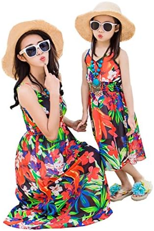 Renkindge Mommy and Daughter Summer Beach V Collar Dress Mother Me Floral Chiffon Strapless Sling Dress Parent-Child Outfits (Mommy, M)
