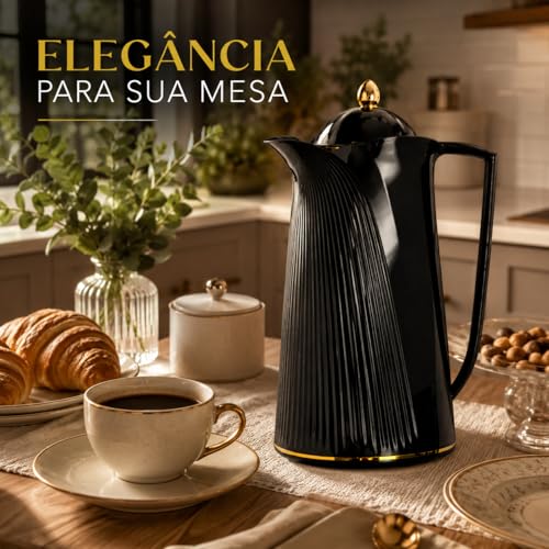 Garrafa Térmica Preta 1L Retrô com Ampola de Vidro Design Elegante Vintage para Café Chá Mesa Posta Luxo