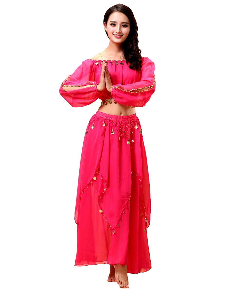 Grouptap Arabian womens belly dancer long sleeve indian Bollywood costume set outfit pink slit top pants ladies girls dancing (Pink, 150-170 cm)