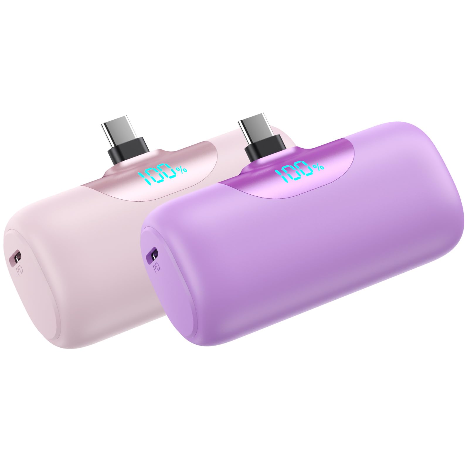 [2 Packs]Mini Portable Charger for iPhone 17/16,5500mAh LCD Display USB C Power Bank,Fast Phone Charging Travel Pocket Size Battery Pack for iPhone 17/17 Pro Max/Air/16/15 Series,Android(Pink+Purple)