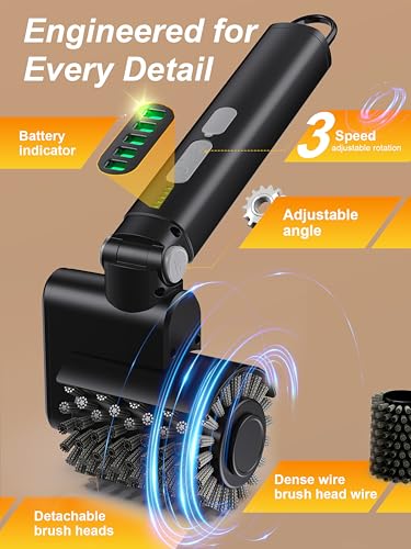 Aurviv Electric Grill Brush, 3-Speed Power Control Grill Brush for Outdoor Grill, Rechargeable BBQ Grill Brush, Cordless Grill Cleaning Brush with 2 Brush Head & Scouring Pad, Gifts for Men/Dad