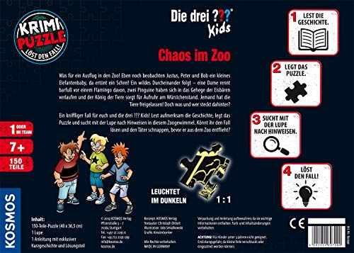 Die drei ??? KOSMOS 697990 Krimi Puzzle, Kids Chaos im Zoo, 150 Teile, Leuchtet im Dunkeln, Lesen, Puzzeln, Rätsel lösen, Kinder ab 7 Jahre, Detektiv Puzzle, Zoo Puzzle mit Die drei Fragezeichen Kids – Bild 3