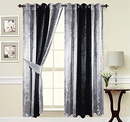 Silver Red Black Crushed Velvet Curtains Fully Lined With Eyelet