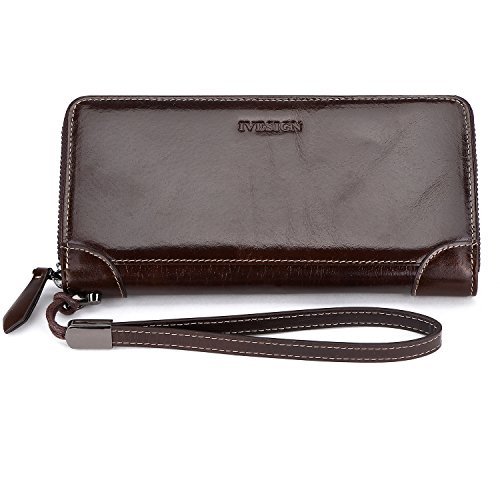 IVESIGN Women's Wax Genuine Leather Wallet RFID Blocking Credit Card Holder Organizer Purse With Wristlet (Cof