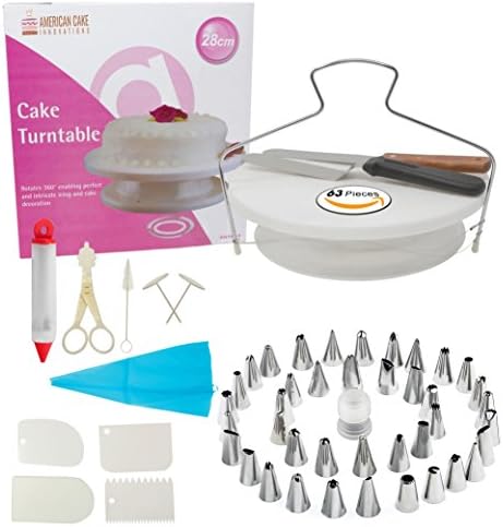 Deluxe Cake Decorating Supplies (63 Pieces) | 48 Piping Tips, Pastry Bags, Rotating Stand, Spatula, Scraper, Leveler, and MORE tools and accessories | Make Beautiful Cakes with this ALL IN ONE SET!