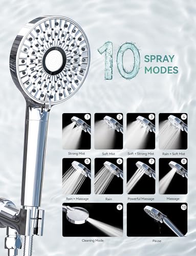 Magichome Filtered Shower Head with Handheld, High Pressure 10-Spd Detachable Chrome Showerhead with Stainless Hose, Water Softener Filter Beads for Hard Water - Remove Chlorine, Reduce Dry Itchy Skin
