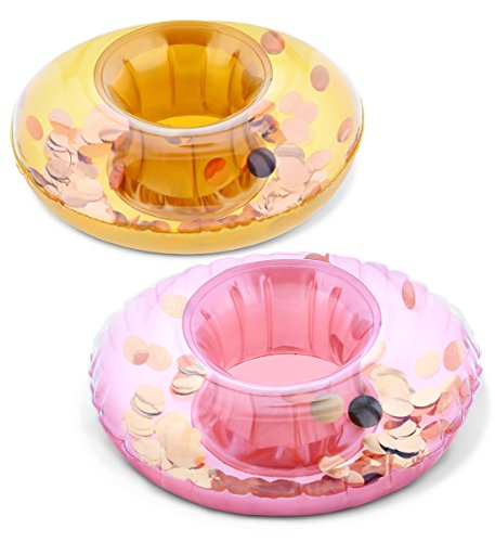 CoTa Global Pool Party â€“ Gold & Rose Gold Sparkling Circle Confetti Pool Inflatable Ring Tube Drink Holder (2pc Set) - Foe the Beach, Pool Party - Heavy Duty - UV Resistant - Inflatables
